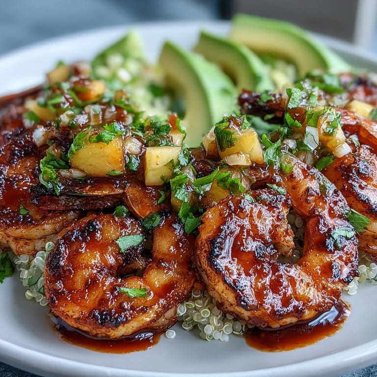 Eine leckere Schüssel mit Shrimp und Avocado, übergossen mit scharfer Limetten-Chili-Soße und saftiger Mango-Salsa für den perfekten Kick.