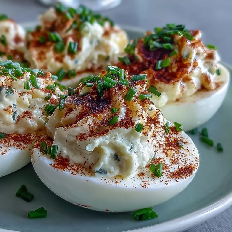 Golden deviled eggs with creamy filling, inspired by Million Dollar Deviled Eggs, topped with chives for a festive touch.
