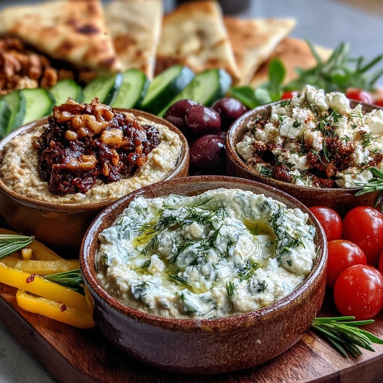 Mediterrane Brunch-Platte mit cremigen Dips, knusprigem Fladenbrot, Oliven und Feta, garniert mit frischen Kräutern und Olivenöl.