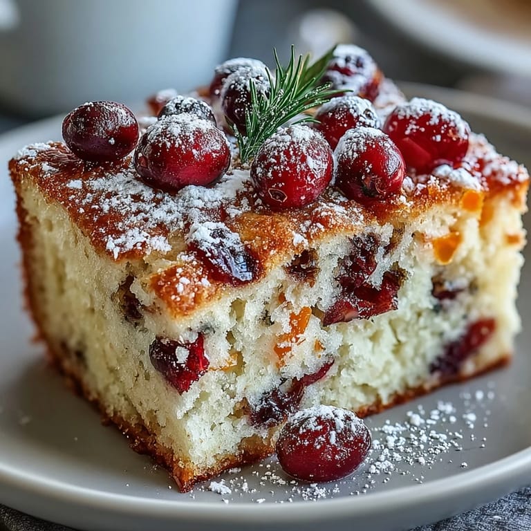 Gewärmtes Cranberry Orange Breakfast Cake auf Holzplatte, neben einer Tasse Kaffee und frisch gepresstem Orangensaft am Morgen.