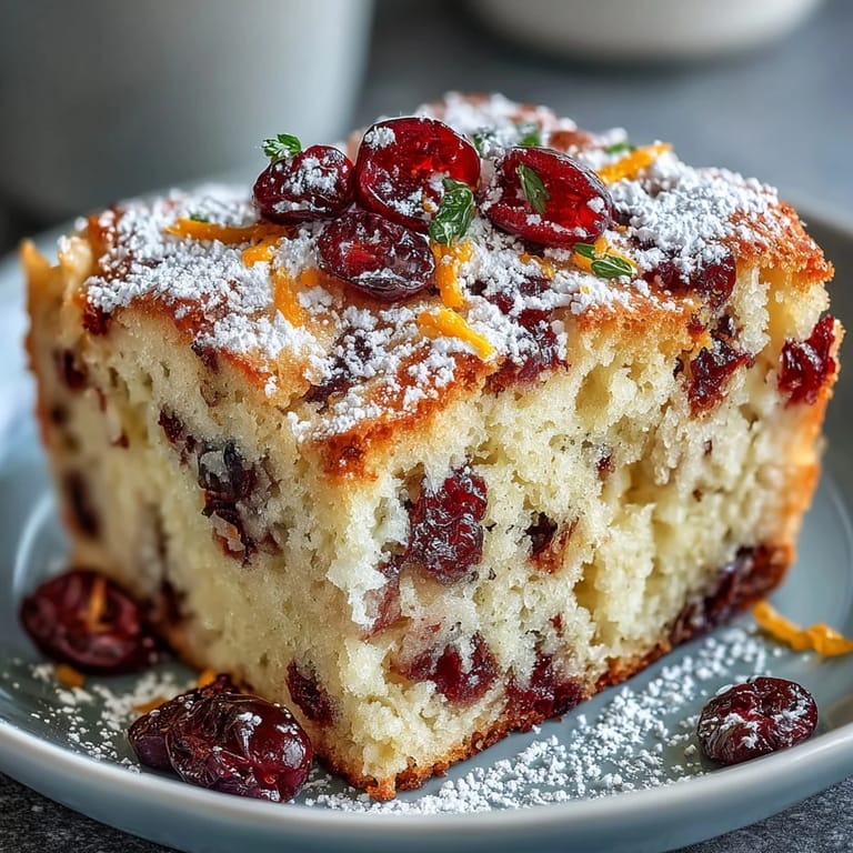 Fein aufgeschnittenes Cranberry Orange Breakfast Cake mit saftigen Cranberry-Stücken und strahlender Orangenzeste, ideal für gemütliche Brunch-Tische.