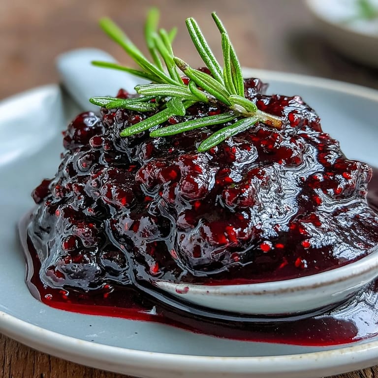 Eine dunkle, glänzende Schwarze Johannisbeeren und Rosmarin Reduktion neben gebratenem Entenbraten serviert.