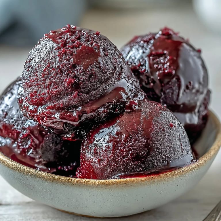 Hausgemachte Black Currant Sorbet mit samtiger Textur, serviert neben knusprigem Zitronenkekscan für den perfekten Kontrast.