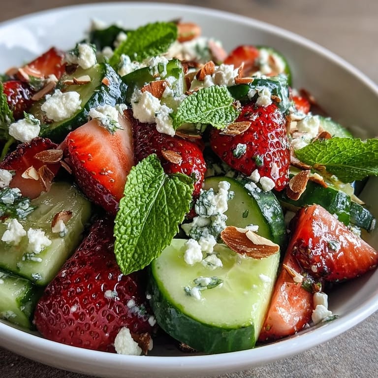 Kühle Gurken-Erdbeer-Salat mit Minze - perfekt für den Frühling, mit frischen Beeren, knackigen Gurken und einem Hauch von Zitrus.