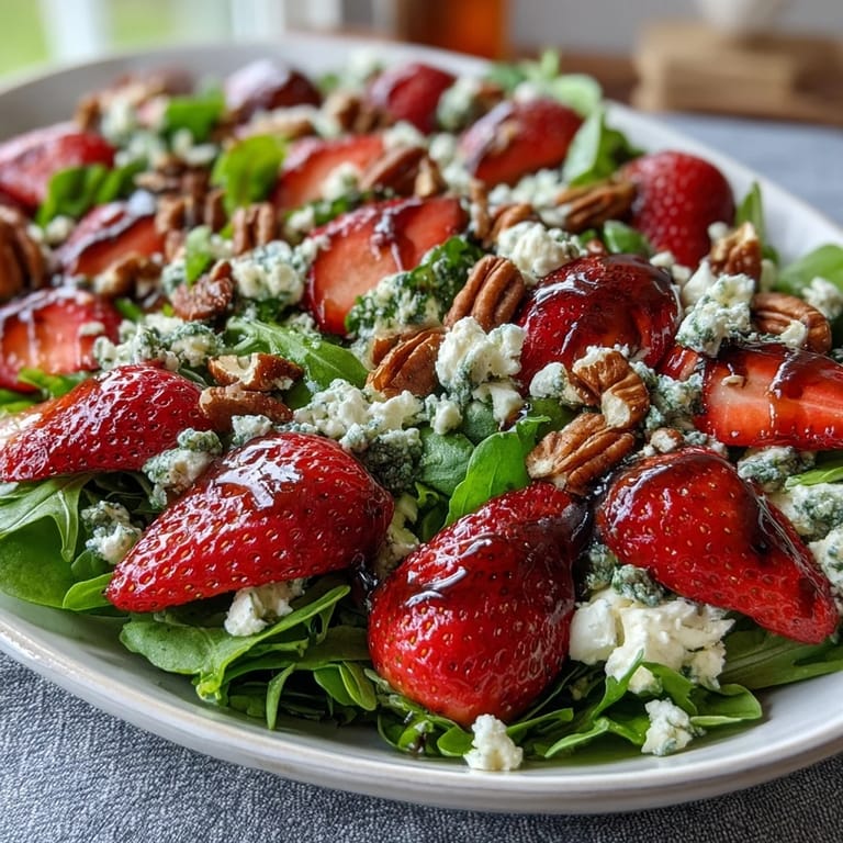 1. Frischer Erdbeer-Arugula-Salat mit cremigem Ziegenkäse und knusprigen Nüssen, übergossen mit fruchtigem Balsamico-Glasur.