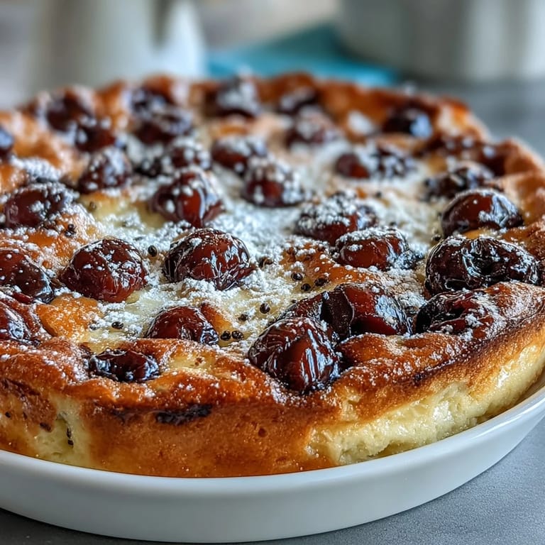 Frische Kirsch-Kloß-Nachspeise, goldbraun gebacken mit süßen Kirschen.