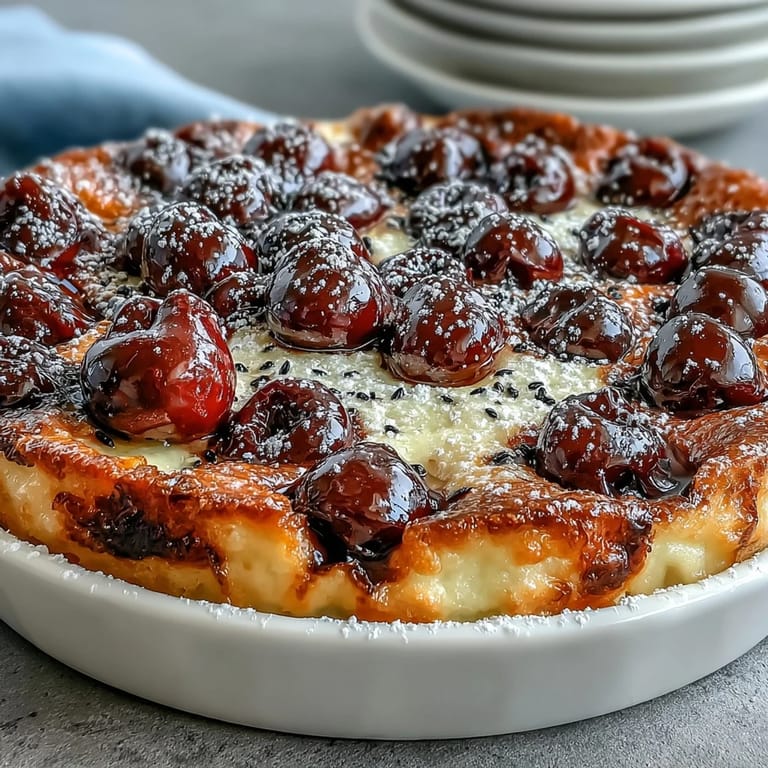 Klassische Kirsch-Kloß-Nachspeise mit zartem Vanillepudding und Früchten.