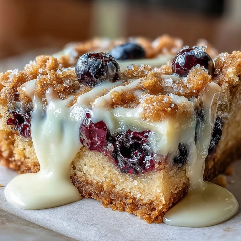 Köstliche Zitronen-Heidelbeer-Blondies mit weißer Schokolade, ideal für den Nachmittagskaffee.
