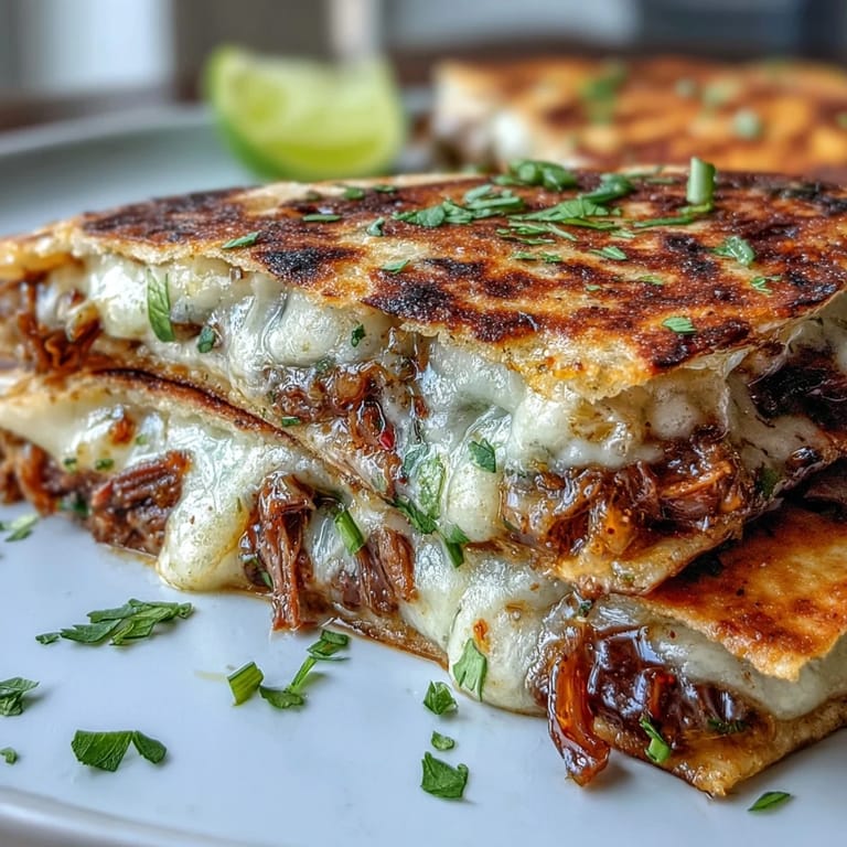 Festliche Birria Quesadillas serviert heiß mit aromatischem, reichhaltigem Consommé.