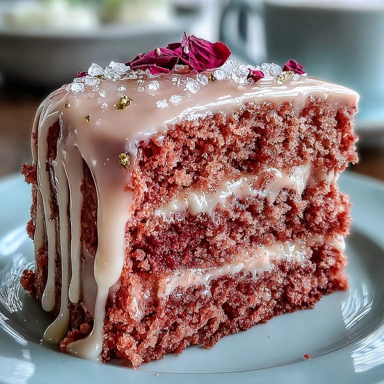 Elegante Rosé-Velvet-Torte mit Goldtropfen, perfekt für festliche Anlässe und Brautduschen – mit roségetränkten Schichten und luxuriöser Dekoration.
