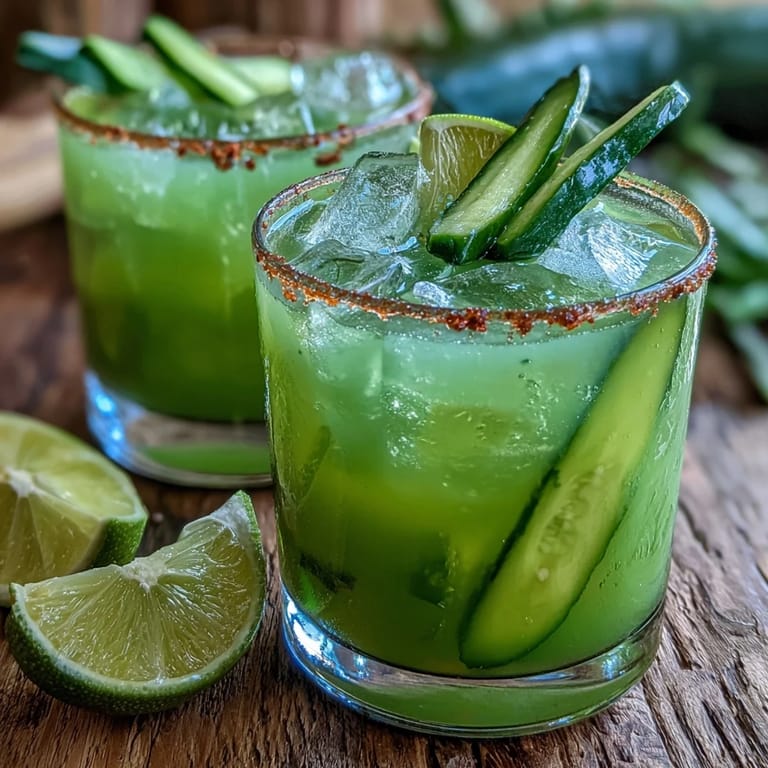 Erfrischender alkoholfreier Pickle Margarita Mocktail mit würzigem Jalapeño-Salz-Rand.