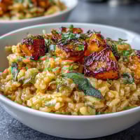 Creamy Vegan Pumpkin Risotto topped with golden roasted pumpkin cubes and crispy sage leaves on a white plate.