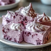 Lavendelfarbene Black Currant Marshmallows, weich und flaumig, bestäubt mit Zucker für eine perfekte Süße.