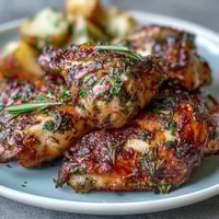 Kräftiges Kräuterhühnchen mit Wurzelgemüse auf einem Blech, perfekt für ein einfaches Abendessen.