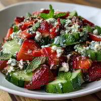 Frischer Gurkensalat mit Erdbeeren und Minze - ein leuchtendes Frühlingsgericht mit knackiger Gurke, süßen Erdbeeren und aromatischer Minze.
