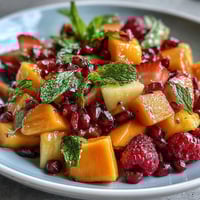 Lebendige tropische Obstplatte mit reifen Mangos, Ananas und exotischen Früchten, perfekt für sommerliche Buffets.