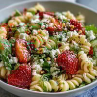 Frischer Spring Pasta Salad mit Erdbeeren, Feta und Rucola - perfekt für den Frühling.