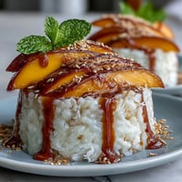 Cremiger Mango-Klebreis-Becher mit süßen Mangoscheiben und Kokosnuss-Sauce.