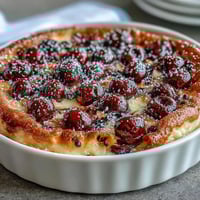 Saftige Kirsch-Kloß-Nachspeise mit Vanillearoma, warm und puderzuckerbestäubt.